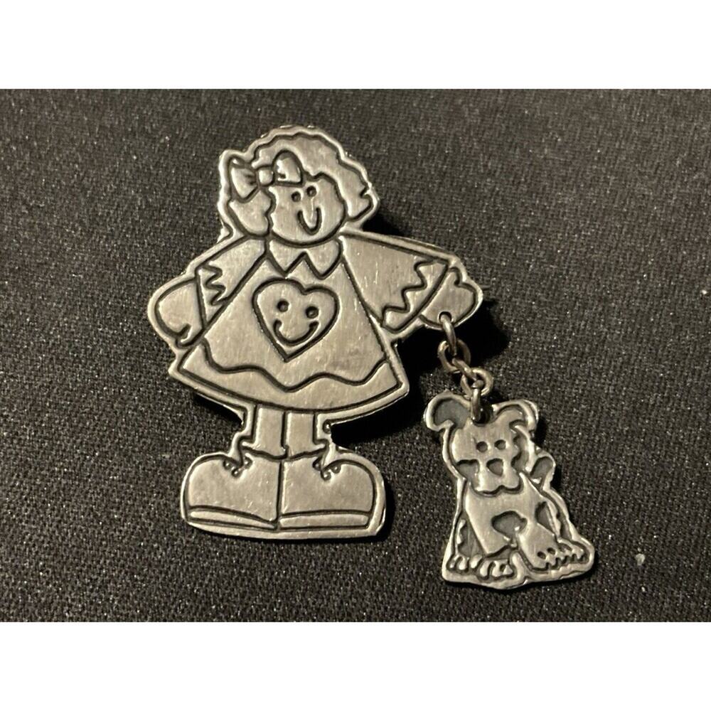 Sterling (Tested) Mexico Girl Brooch Dog On Leash Vintage